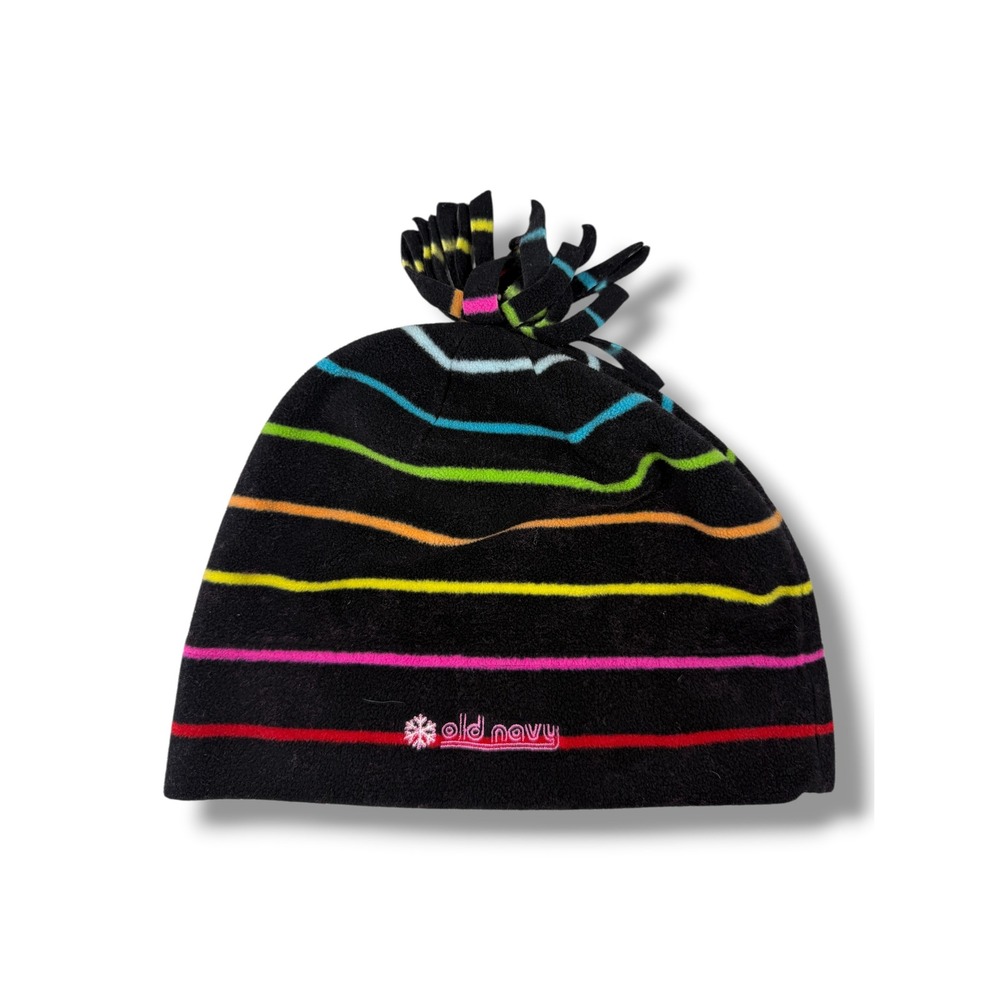 Old Navy Fleece Beanie Hat Black Rainbow Striped Fringed Snowflake Pom Pom